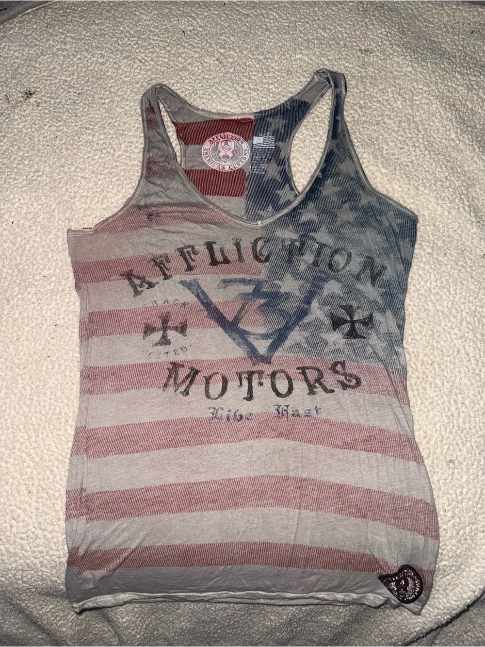 Affliction Women's Flag Racerback Tank Top - Red, Blue, Gray